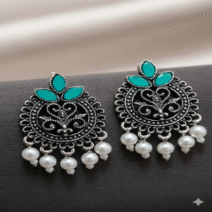 Turquoise Leaf Pearl Dangle Oxidised Earrings