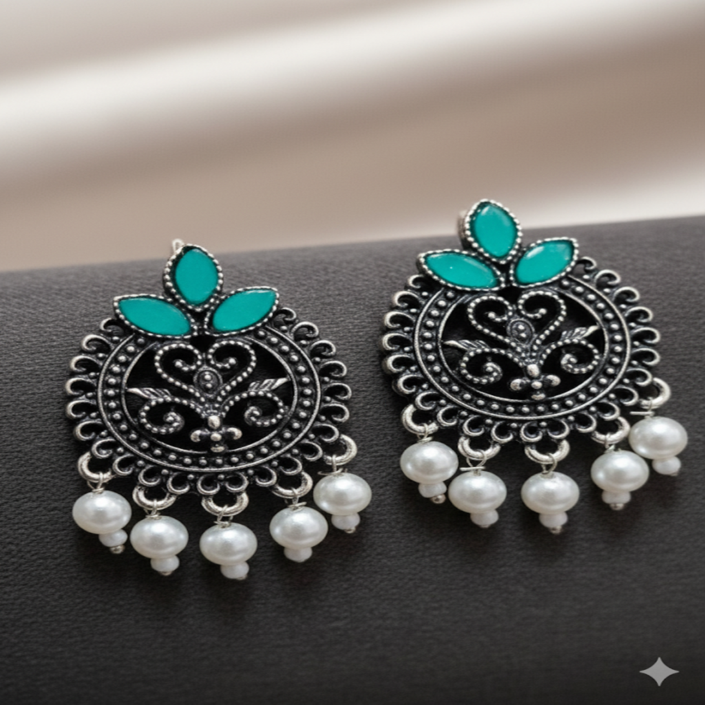 oxidiced_earring Turquoise Leaf Pearl Dangle Oxidised Earrings